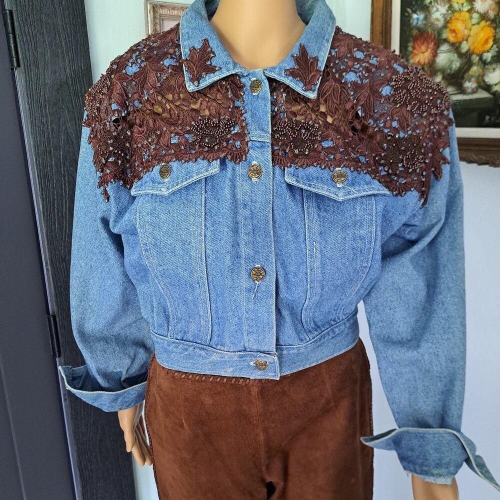 Denim Lace Waist Jacket Cache Cowgirl Core Western Blue Brown Vintage 90's RARE